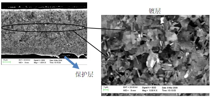 镀铜层截面 SEM 形貌（左：×1,000 全貌；右：×5,000 镀层结晶），镀层晶格结构致密。